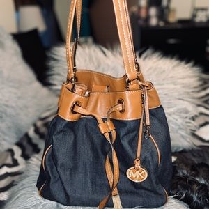 Michael Kors Bucket Drawstring Denim Shoulder Bag
